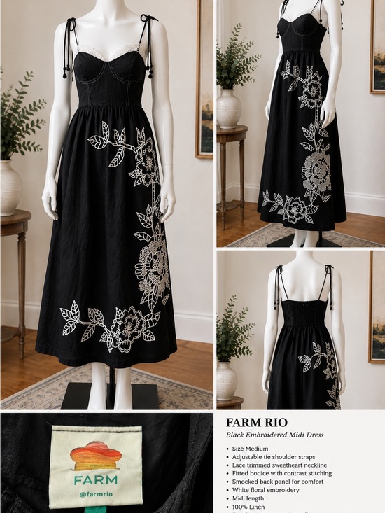 FARM Rio Dresses & Skirts - Farm Rio Black Denim Embroidered Midi Dress with White Floral Detail
